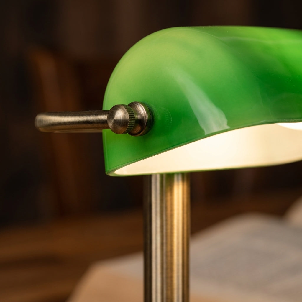 Detailaufnahme des Kippgelenks der Lucide BANKER aus gebuerstetem Metall am gruenen Glasschirm