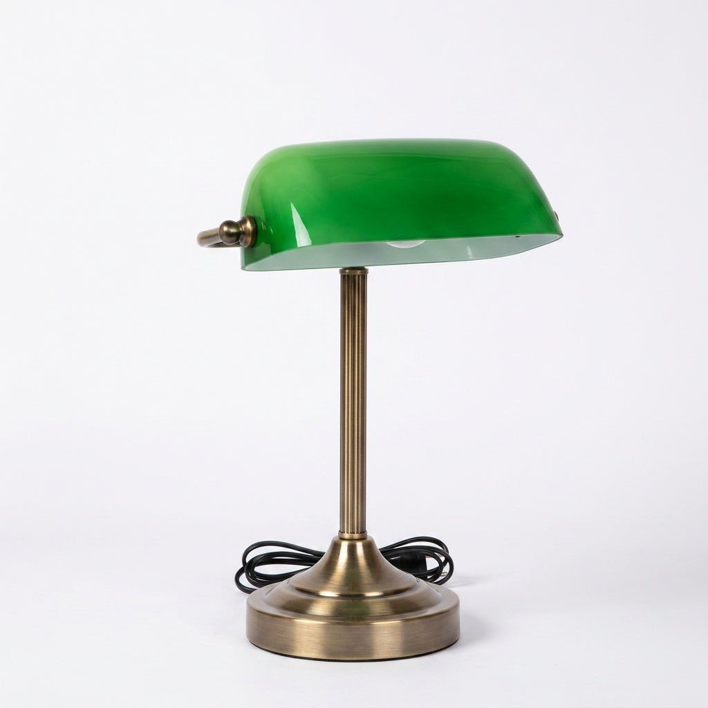 Lucide BANKER Bankerlampe in Bronzefarbe mit gruenem Glasschirm, freigestellt vor weissem Hintergrund