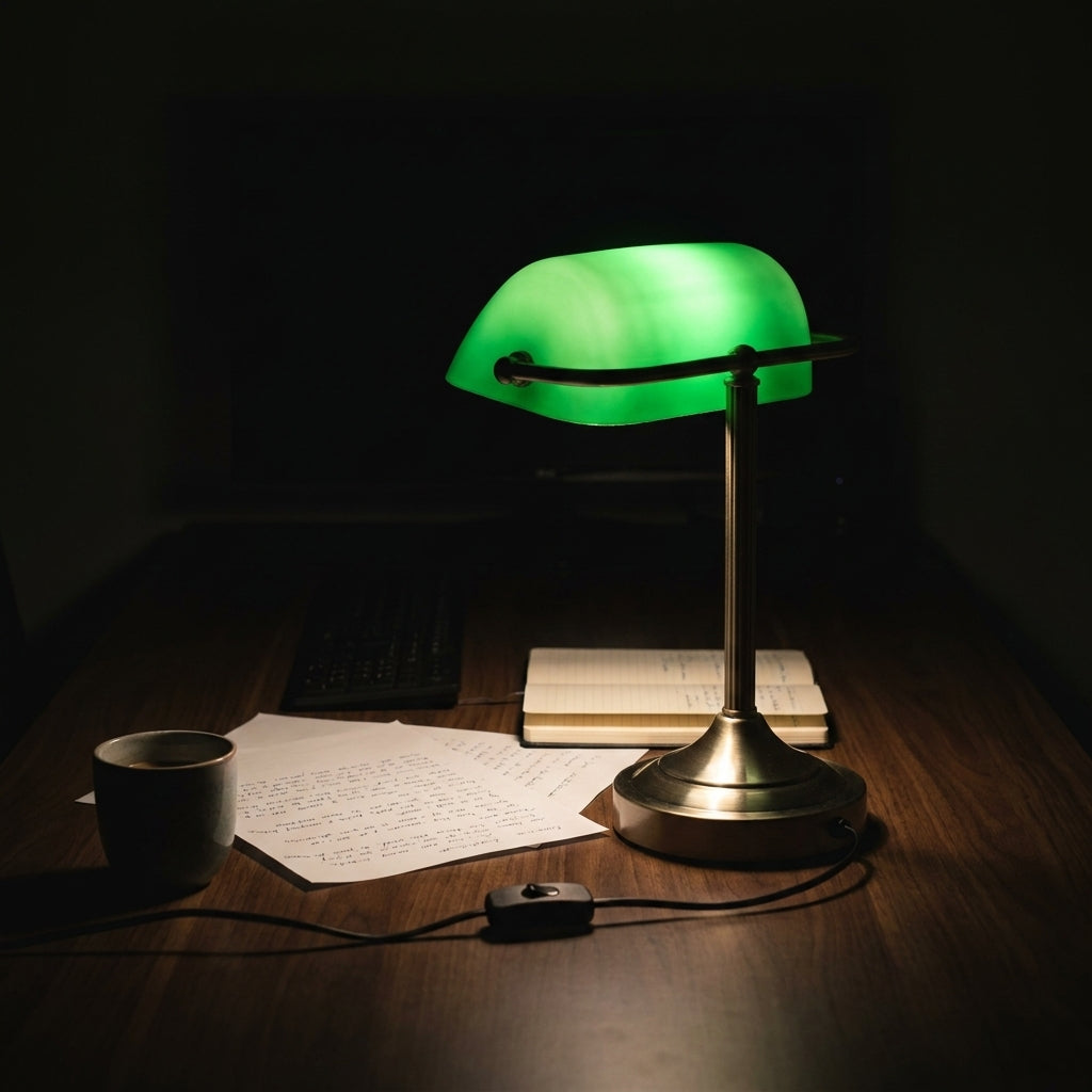 Lucide BANKER als einzige Lichtquelle auf einem dunklen Schreibtisch bei Nacht